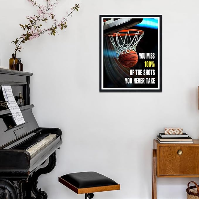 Basketball Framed Canvas Print Wall Art, You Miss 100% of the Shots You Never Take Motivational Sports Quote, Boys Room Decor, Gym Office Inspirational Poster, Ready to Hang, 12.5x16.5 Inches