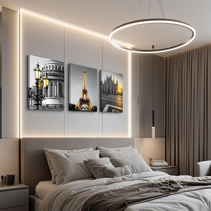 Black and white Architectural landscape Canvas Wall Art for Living Room kitchen Wall Artworks Bedroom Decoration, 3 Piece framed bathroom Home Wall decor posters Yellow Eiffel Tower wall painting
