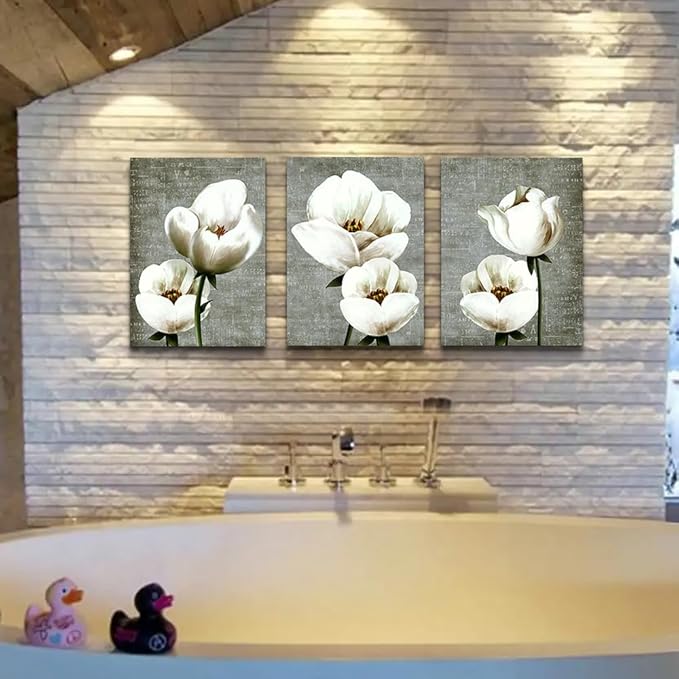 Lapremoly Canvas Wall Art For Bedroom Room Modern Wall Decor For Living Room Vintage Style Wall Painting Artwork White Flowers Abstract Pictures 3 Panels Ready To Hang Kitchen Frame Home Decoration
