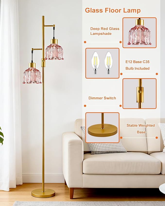 Lightdot 2-Light Gold Flower Floor Lamp, 65IN Rose Red Glass Floor Lamp with 3000K Warm White Bulbs, Modern Standing Tall Lamp for Living Room Bedroom Home Office Corner Sofa Beside