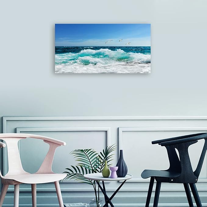 Ocean Waves Canvas Wall Art for Living Room Wall Decor Summer Beach Canvas Pictures Blue Surfing Water Birds on Sea Canvas Prints Artwork Office Home Wall Decorations Framed Ready to Hang 20" x 40"