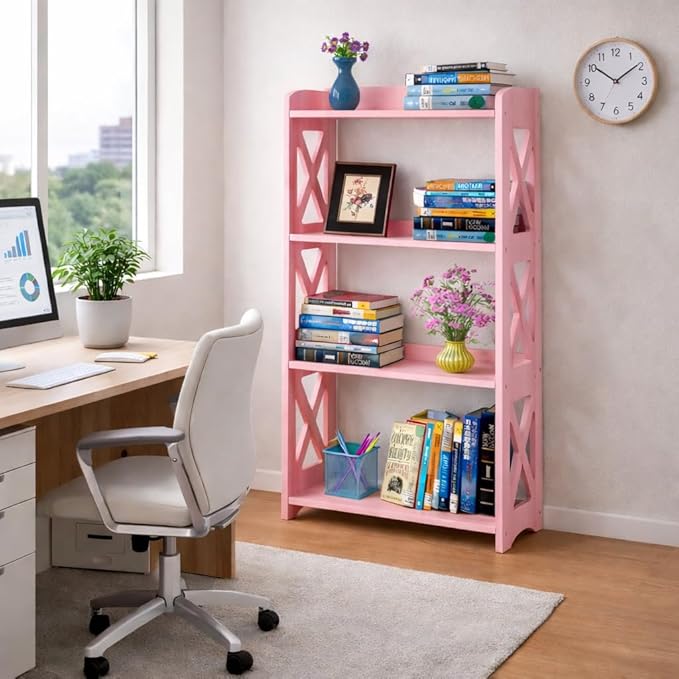 Pink Bookcase by Natural Wood, 4 Tier Bookshelf, Small Book Shelves Freestanding Display Storage Shelves. Open Bookshelf for Bedroom, Living Room and Office (Pink, 4 Tier)