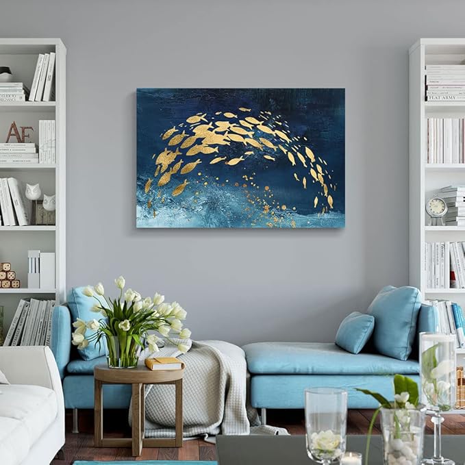 Wall Art Canvas Abstract Ocean Art Paintings Golden Fish Dancing in Blue Sea Modern Artwork Decor for Living Room Bedroom Kitchen 48x32in