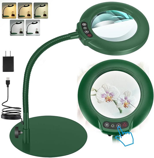 10X Magnifying Glass with Light, Real Glass Lens, 5 Color Modes Dimmable, Flexible Gooseneck Lighted Magnifier with Stand, LED Desk Lamp Hands Free for Crafts Painting Reading Close Work, Green