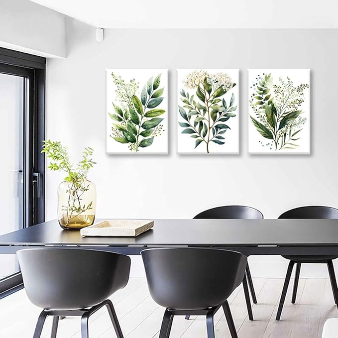 Bwodke Botanical Wall Art Plant Floral Watercolor Poster Canvas Prints Set of 3 Framed Sage Green Painting Eucalyptus Leaf Picture Modern Minimalist Home Decor Bedroom Bathroom Living Room 16"x24"