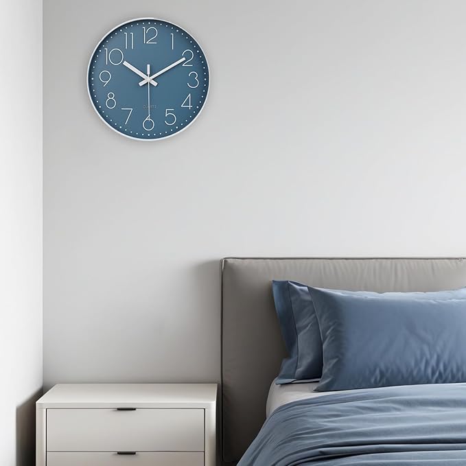 jomparis 12 Inch Silent Non-Ticking Battery Operated Quality Quartz Round Wall Clock Modern Decor Clock for Home Office Bedroom Bathroom(Cerulean/Blue Color)