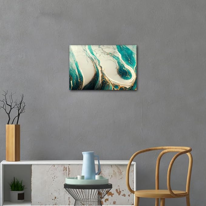 Abstract Wall Decor for Men 1 Panel Canvas Artwork Modern Gold and Teal Prints on Canvas Fashion Marble Texture Picture Printing for Bedroom Restaurant Corridor Office Wall Art Decoration 18x12 in