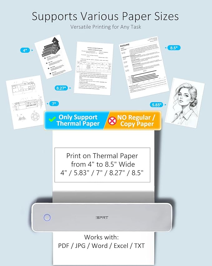 Inkless Portable Printer for Travel, Wireless Thermal Printer Supports 8.5 x 11" US Letter, A4, MT610Pro 300DPI Small Bluetooth Printers Compatible with iOS Android Laptop for Home Office Car, Grey