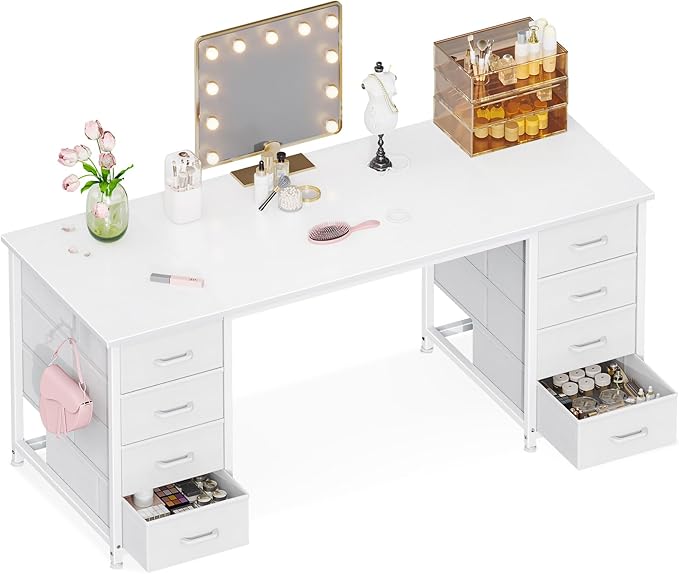 ODK 55 Inch Vanity Desk with 8 Fabric Drawers, Modern Makeup Desk for Bedroom & Dressing Room with Large Storage, Ideal for Home Office, Study.Pure White.