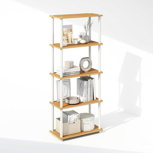 Furinno Turn-N-Tube Book Shelf, 5-Tier Bookshelf, Bookcase with Multipurpose Compact Display Rack, 11.6 x 23.6 x 57.4, for Living Room, Bedroom, Home Office, Beech/White