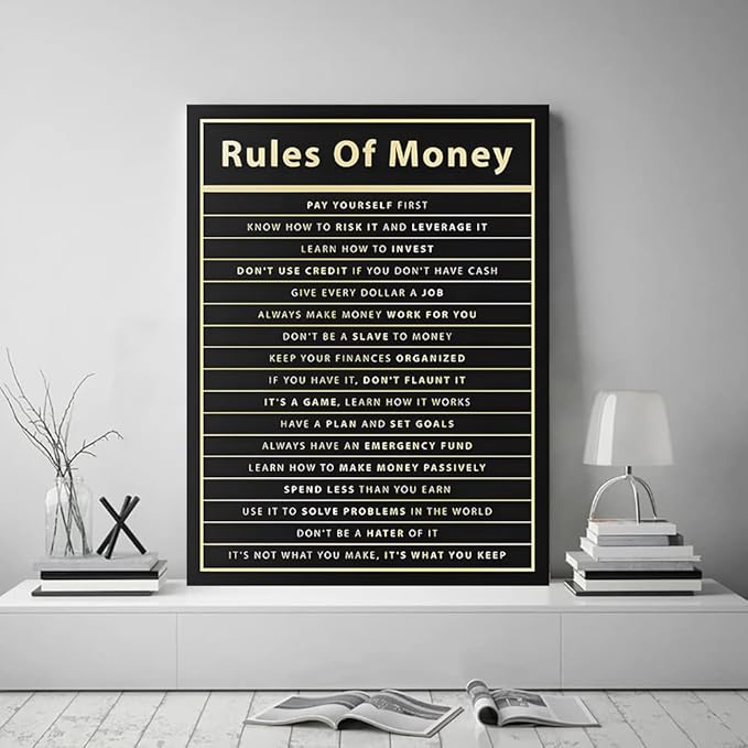 Motivational Wall Art for Office - Rules of Money Inspirational Quotes, Framed Financial Success Canvas Print, Modern Entrepreneur Decor Easy to Hang (18x24 Inches)