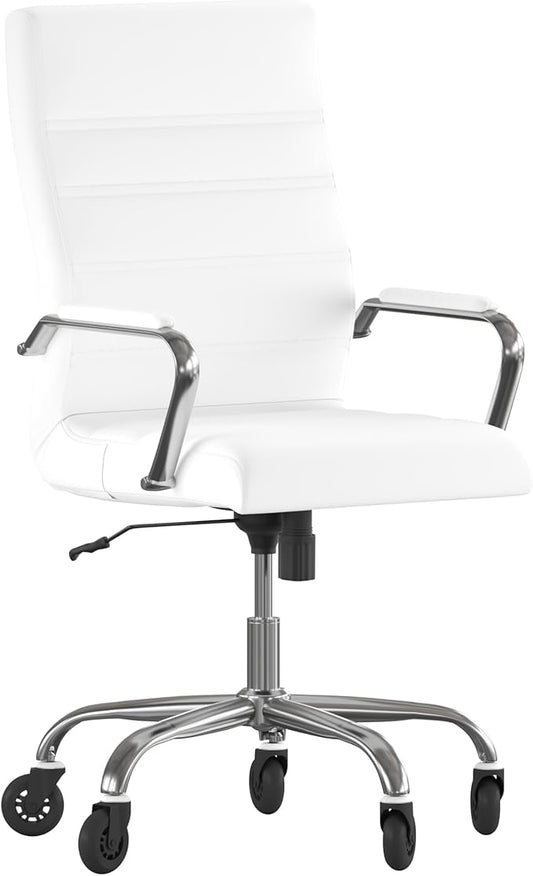 Flash Furniture Whitney High Back White LeatherSoft Executive Swivel Office Chair with Chrome Frame, Arms, and Transparent Roller Wheels