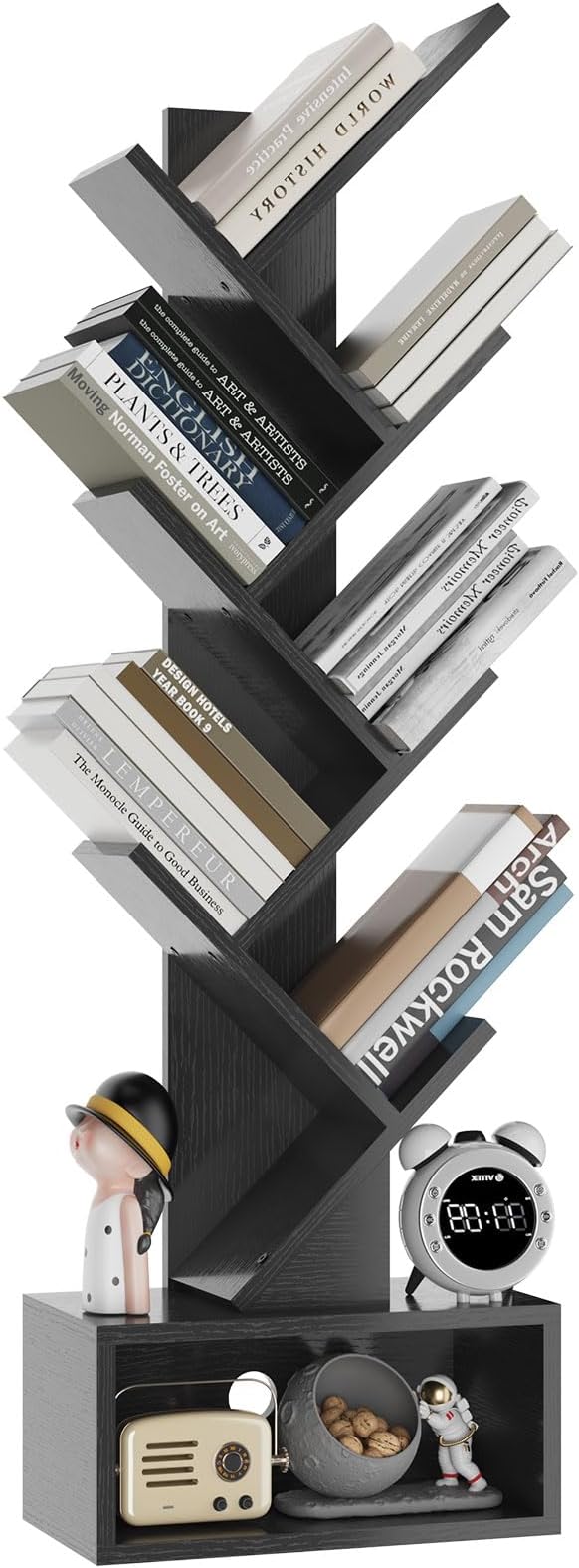 YMYNY 6 Tier Tree Bookshelf, Tall Bookcase, Wood Book Storage Rack with Drawer, Modern Floor Standing Book Shelf for Books/Movies/CDs, Utility Organizer for Living Room, Home Office, Black UHBC016B