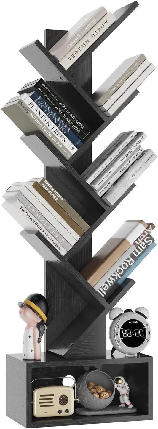 YMYNY 6 Tier Tree Bookshelf, Tall Bookcase, Wood Book Storage Rack with Drawer, Modern Floor Standing Book Shelf for Books/Movies/CDs, Utility Organizer for Living Room, Home Office, Black UHBC016B