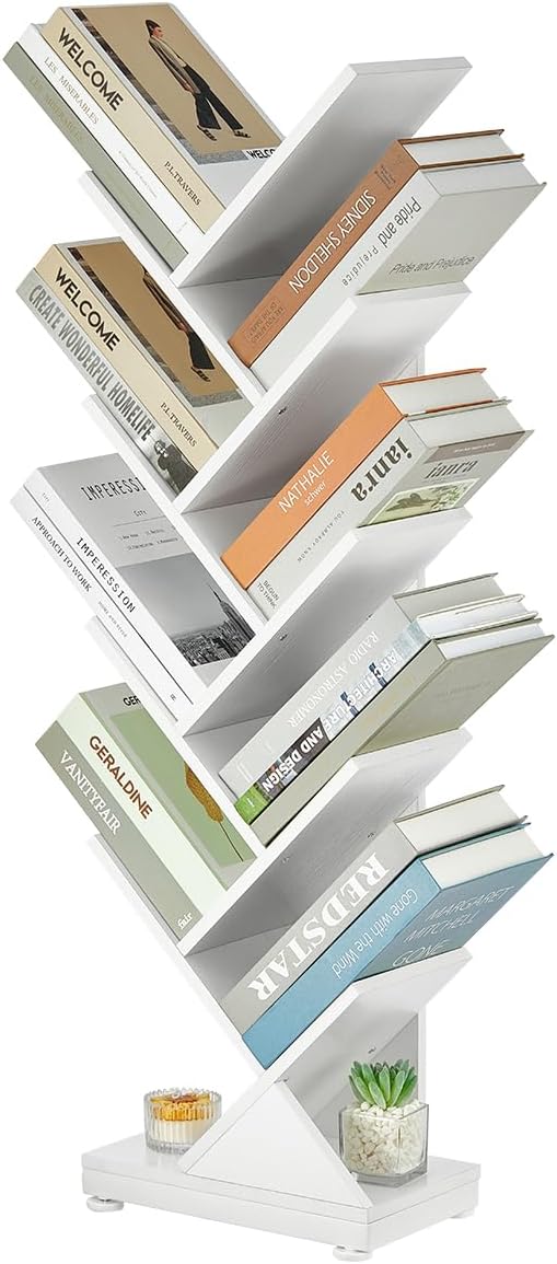 ruboka Tree Bookshelf,Retro Floor Standing Bookcase Display for CDs/Magazine/Books,Small Bookshelf for Bedroom,Living Room,Office,Balcony,Brown Storage Shelves (White, 9 Tier)