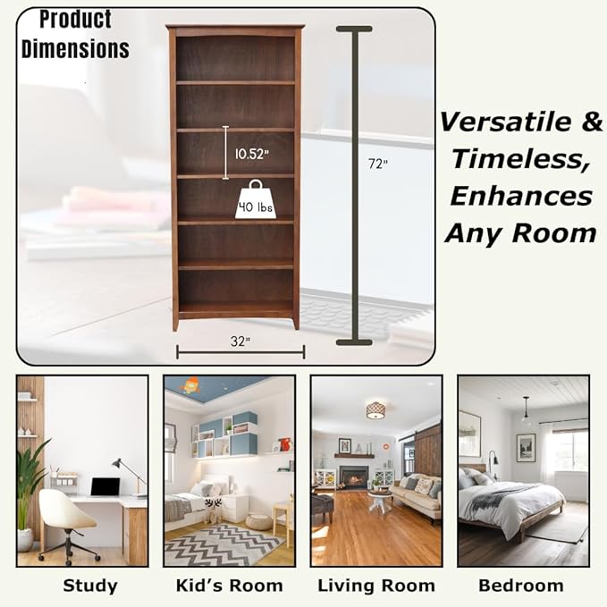 International Concepts, 72" High Bookcase With Adjustable Shelves, Solid/ Sturdy Parawood Construction, Durable Furniture, Eco-Friendly, Espresso