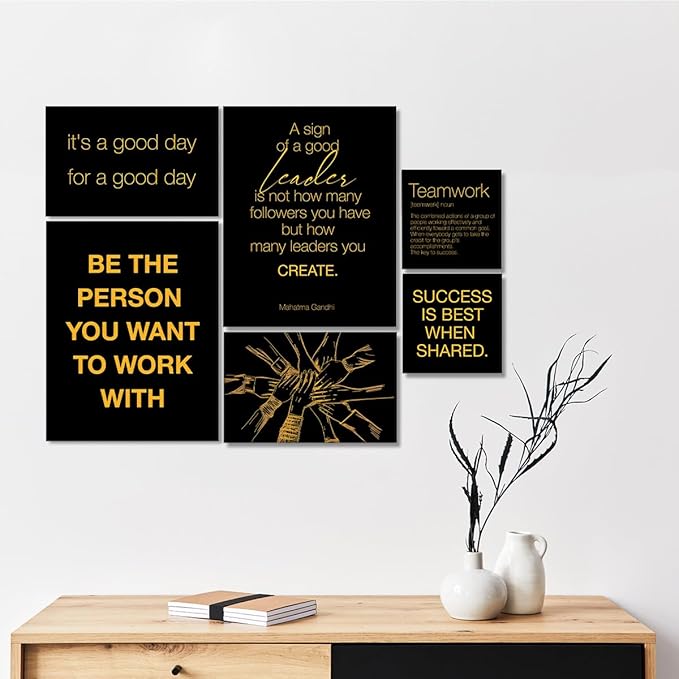 YEOION Inspirational Office Wall Art for Women,Motivational Teamwork Wall Decor for Office,Black and Yellow Postive Quote Workplace Canvas Wall Art for Set of 6