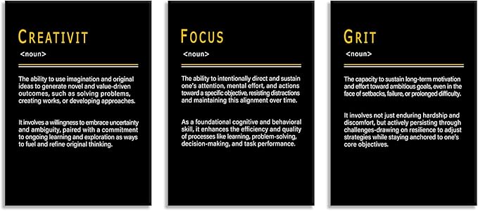 WYJDFART CREATIVITY FOCUS GRIT Noun 3 Pieces Inspirational Wall Art that Achieve the Goal Printed Canvas Poster Motivational Wall Decor for Office Home Bedroom Workplace[60''Wx 28''H]