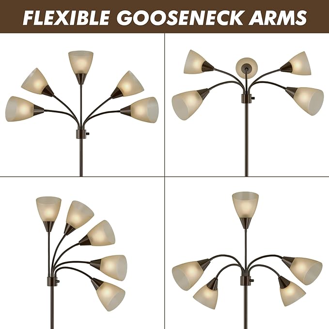Medusa Modern Decor Floor Lamp, 5 Head Adjustable Gooseneck Lamps for Reading, White Shades Multiple Tall Standing Lamps for Living Room Bedroom Office Kids Classroom, Brown, Bulbs Included