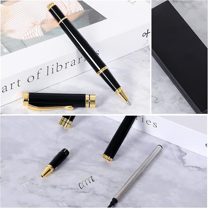 Deluxe Ballpoint Pen Kit,Office Business Signing Ballpoint Pen with Two Replacement Black Refills, 0.5mm Nib, Black Classic Gift Box, Creative Writing Gift for Men and Women (Gold B)