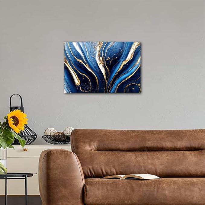 1 Panel Wall Art Decor Abstract Canvas Artwork Digital Art Marbling Texture Picture Blue Gold and White Colors Poster Prints for Men Office Wall Decor Stretched and Framed Ready to Hang 24x16 in
