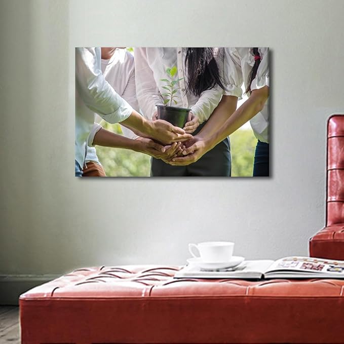 TUMOVO Wall Art For Office A Group Of People Holding Potted Plants In The Park Teamwork Concept Pictures 1 Panel Inspirational Wall Art Positive Modern Decor Poster Canvas Print (16" Wx24 H)