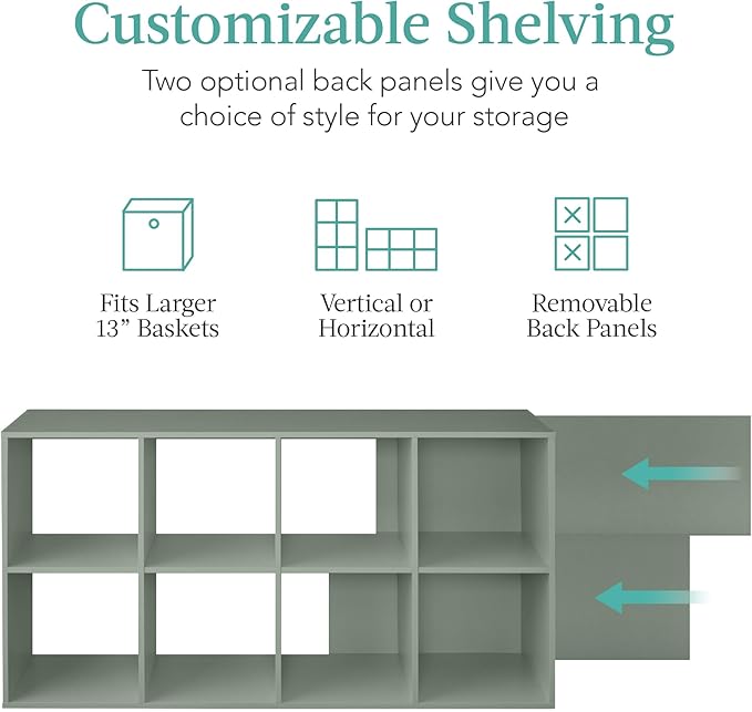 Best Choice Products Kids Bookcase 8-Cube Storage Organizer, 13.5in Shelf Opening, Bookshelf, Toy Storage, Customizable w/ 3 Removable Back Panels – Sage