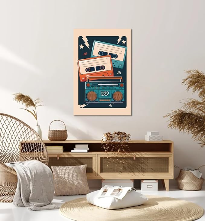 Vintage Music Canvas Wall Art - Retro Cassette Player Painting Mid Century Prints Poster Musical Artwork Pictures Wall Decor for Living Room Room Studio Bedroom Home, Framed & Stretched 24" x 36"