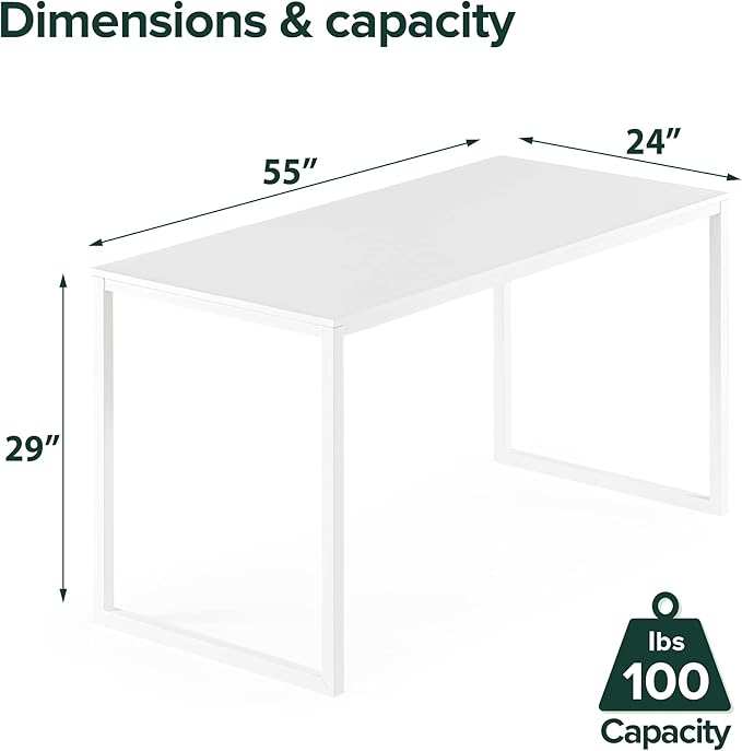 Zinus Jennifer 55 Inch White Frame Desk, Computer Workstation, Office Desk, Easy Assembly, White