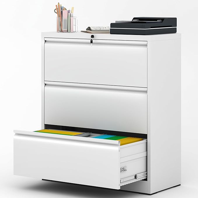 File Cabinet with Lock, 3 Drawer Lateral Filing Cabinet for Home Office, Metal Heavy Duty File Cabinets for Hanging Letter/Legal/F4/A4 Size Files, Assembly Required (White)
