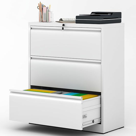 File Cabinet with Lock, 3 Drawer Lateral Filing Cabinet for Home Office, Metal Heavy Duty File Cabinets for Hanging Letter/Legal/F4/A4 Size Files, Assembly Required (White)