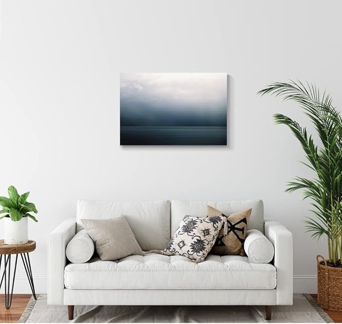 Large Canvas Wall Art Modern Abstract Art Paintings Green Mountains Blue Sea Under the Grey Sky Scenery Framed Artwork Pictures for Living Room Bedroom Hallway Wall Decor 30x20in