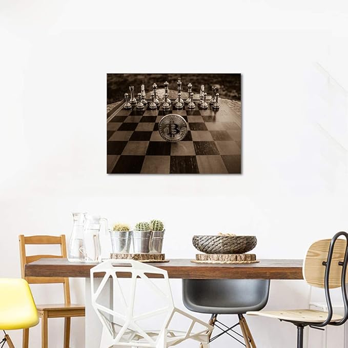 Golden Chess and Bitcoin Canvas Wall Art Motivational Life Quote Game Bitcoin Wall Art Poster Canvas Posters and Prints Pictures Chess Office Wall Decor, Framed 24x18 inch