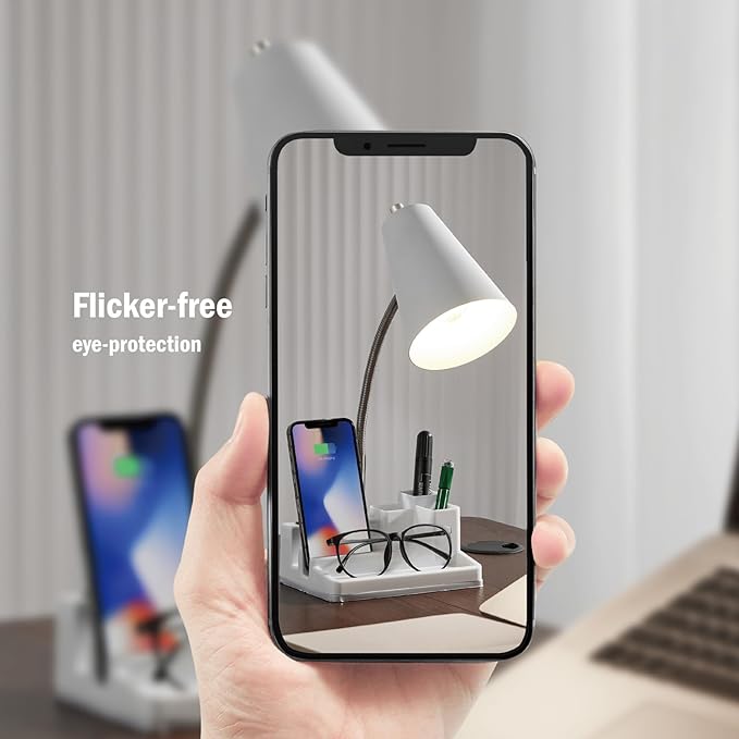 Desk Lamp Cute for Small Space, Lamp Desk with USB Port and Outlet, Desk Lamps for Home Office with Pen Holder, Study lamp for College Dorm Room, Flexible Arm, White