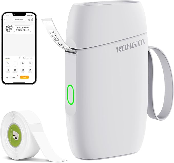 Rongta Label Maker Machine with Tape, Bluetooth Label Printer, Wireless Mini Label Makers with Multiple Templates for Organizing Office Home, (White) with 1 Rolle Replacement Tape (White)