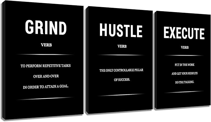 Motivational Canvas Office 3 Panel Print Wall Art Grind Hustle Success Inspirational Wall Decor Encouraging Quotes Poster Painting for Home Bedroom Gym Picture Stretched and Framed [36''W x 16''H]