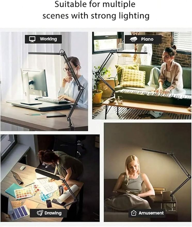 Dimmable LED Desk Lamp with Swing Arm and Clip, USB Powered Eye-Care Light with Memory Function, Adjustable for Office, Dorm, Studio, or Reading