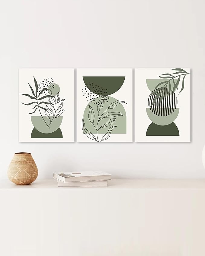 KBKBART Boho Wall Art Prints Set of 3, Neutral Abstract Geometric Canvas Artwork for Bedroom, Bathroom, Living Room, Office, 12"x16"