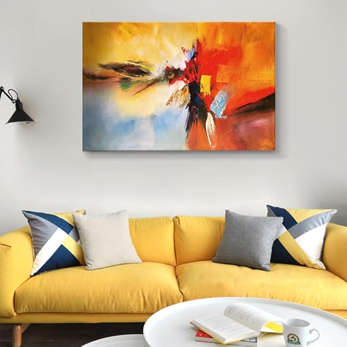 Yellow Decor Canvas Wall Art Abstract Art Paintings Red Warm Colors Graffiti on White Background Modern Artwork Decor for Living Room Bedroom Bathroom 48x32in