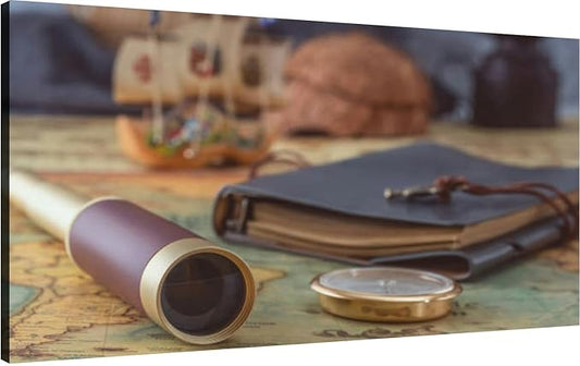 Canvas Wall Art for Living Room Bedroom Spyglass a compass and a leather bound book lie an old map against the Big Large Wall Art Decor Framed Painting Wall Pictures Prints Artwork Office