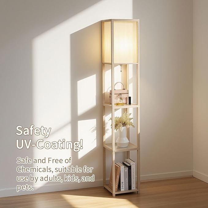 Floor Lamp with Shelves, Modern Square Standing Lamp with Glass Shelves, Corner Display Shelf with Light, Tall Lamp with Shelves for Living Room, Bedroom, Office, Bookshelf, Whitewashed Oak