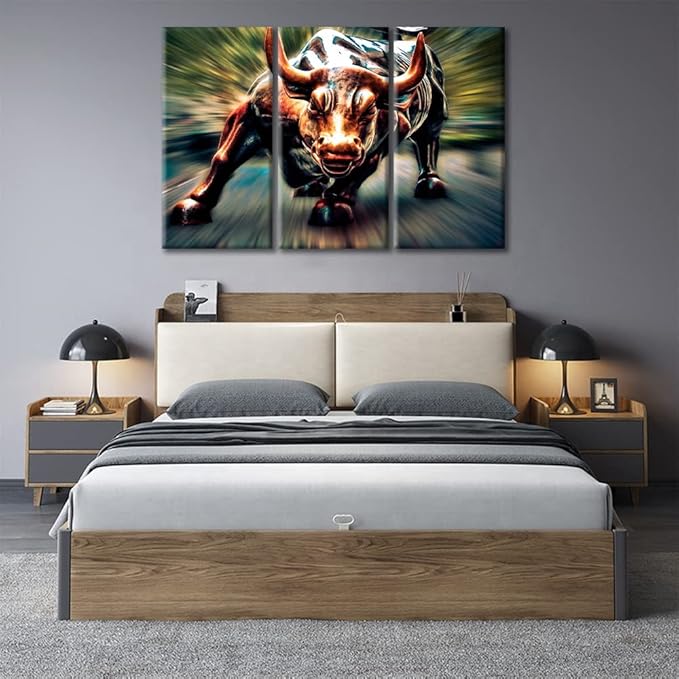 Large Wall Decor 3 Panel Wall Street Bull Painting on Canvas Prints Stretched and Framed Pictures to Photo Paintings Ready to Hang for Home Decorations Office Wall Decor - 60" Wx40 H