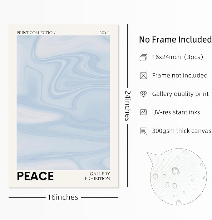 Blue Aura Wall Art Decor Retro Aesthetic Canvas Wall Art Pastel Abstract Pictures Prints Preppy Gradient Spiritual Poster Trendy Artwork Blue Painting for Room Bedroom 16x24 Inch Unframed Set of 3