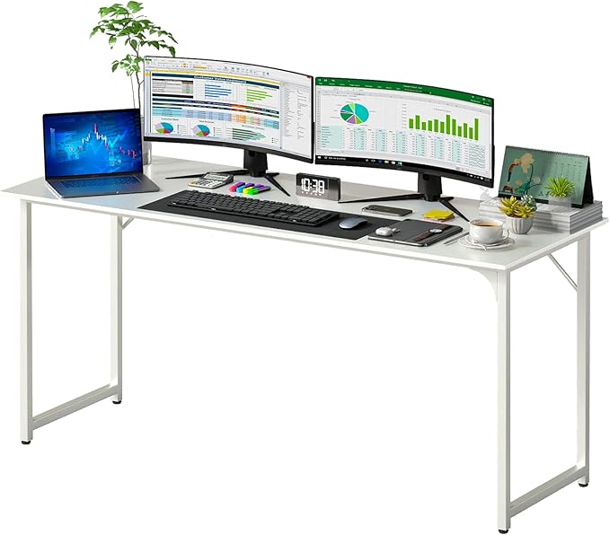 PayLessHere | 63 Inch Computer Desk | White | Office Desk with Metal Frame, Adjustable Feet | Water-Resistant, Scratchproof Surface | Sturdy Writing Table for Home Office or Study | Pack of 1