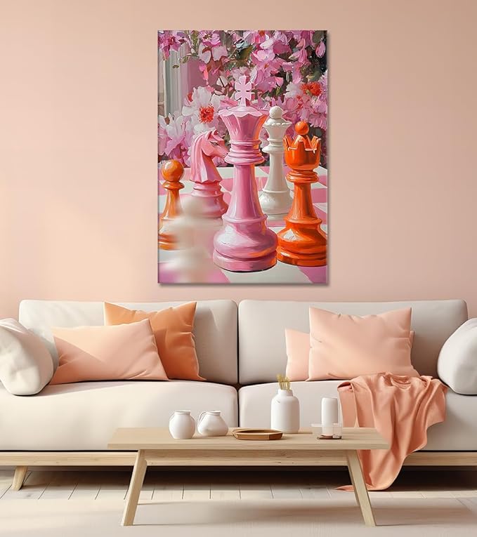 Chess Pictures Wall Art - Trendy Canvas Prints Chess Wall Decor Intelligence Game Challenge Poster Chessboard Painting Pink Aesthetic Artwork for Bedroom Living Room Home Office, Framed 28"x 44"