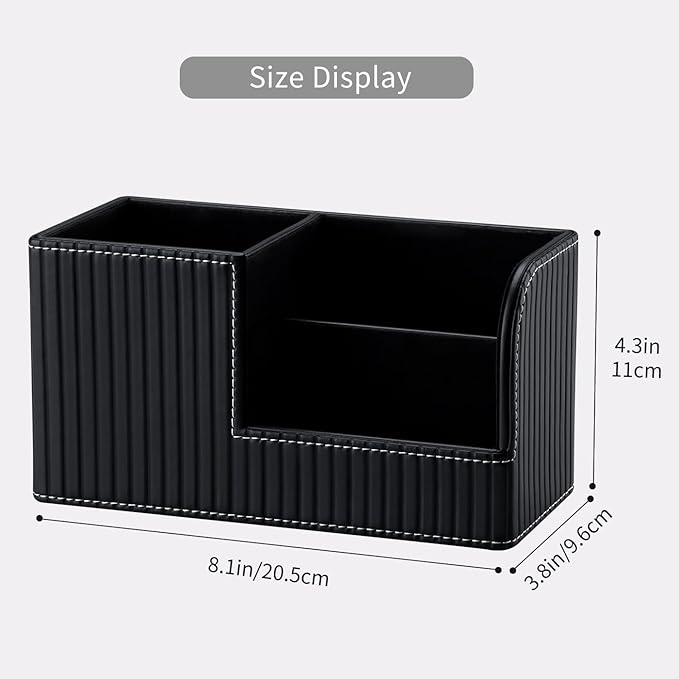 KINGFOM Desk Pen Organizer Office Supplies Caddy Pu Leather Multi-function Storage Box Pen/Pencil,Cell phone, Business Name Cards Remote Control Holder (Black)