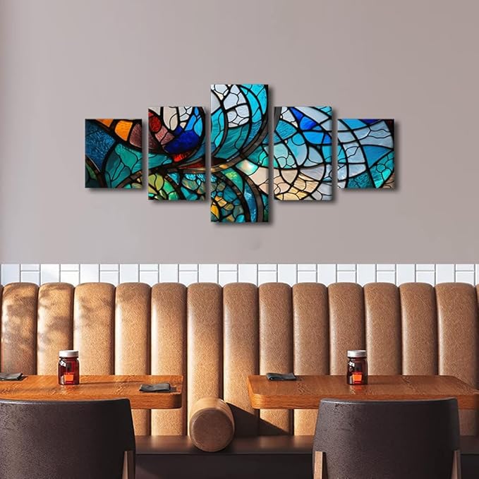 Canvas Wall Art Modern 5 Panel Abstract Wall Art Stained Glass Window Poster Canvas Art Colorful Flower Canvas Art for Lady Room Canvas Wall Decoration Stretched and Framed Ready to Hang 50x24 in