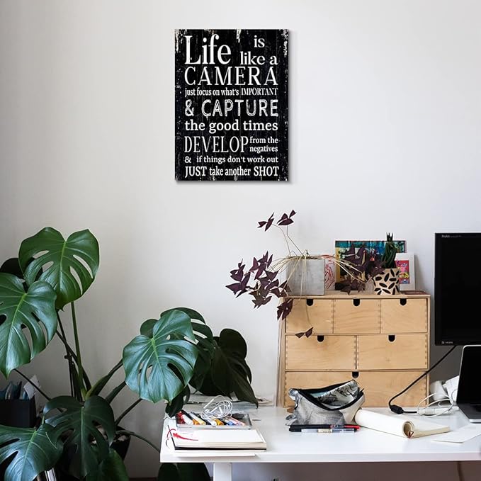 WOWGOOMO Life is Like a Camera Wall Art Vintage Inspirational Wall Decor for Home Décor Office Motivational Framed Encouraging Quotes Sayings Wall Plaque 12x16 Inch Inspirational Gift for Men Women