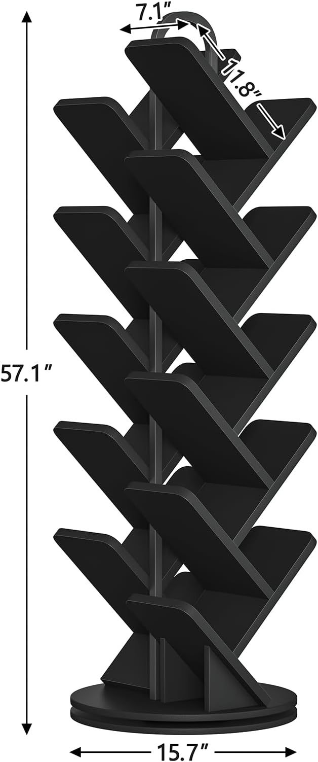 TVU 20-Tier Tree Rotating Bookshelf, 360 Degree Spinning Standing Bookcase for Magazines DVDs Books, Corner Bookcase for Living Room Bedroom Study, Black