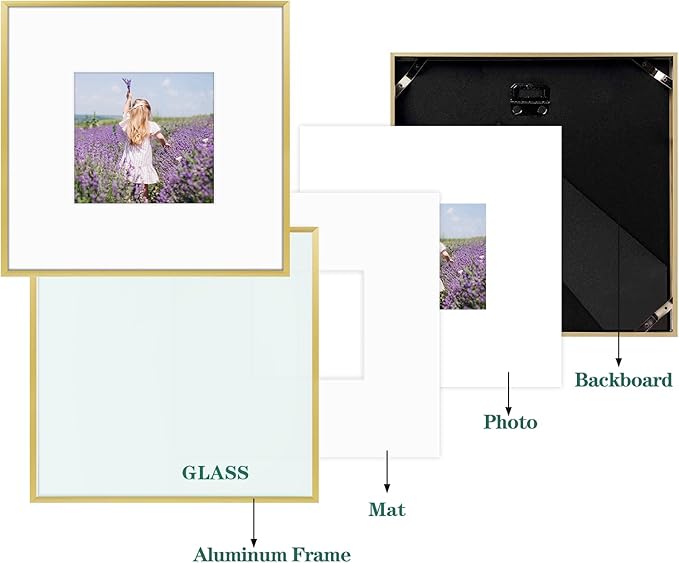 Golden State Art, Gallery Wall Frame Set of 6 - Gold 8x8 Aluminum Photo Frames with Mat for 4x4 Pictures - 8 x 8 inch Metal Frame with Real Glass Cover - Elegant Home or Office Decor